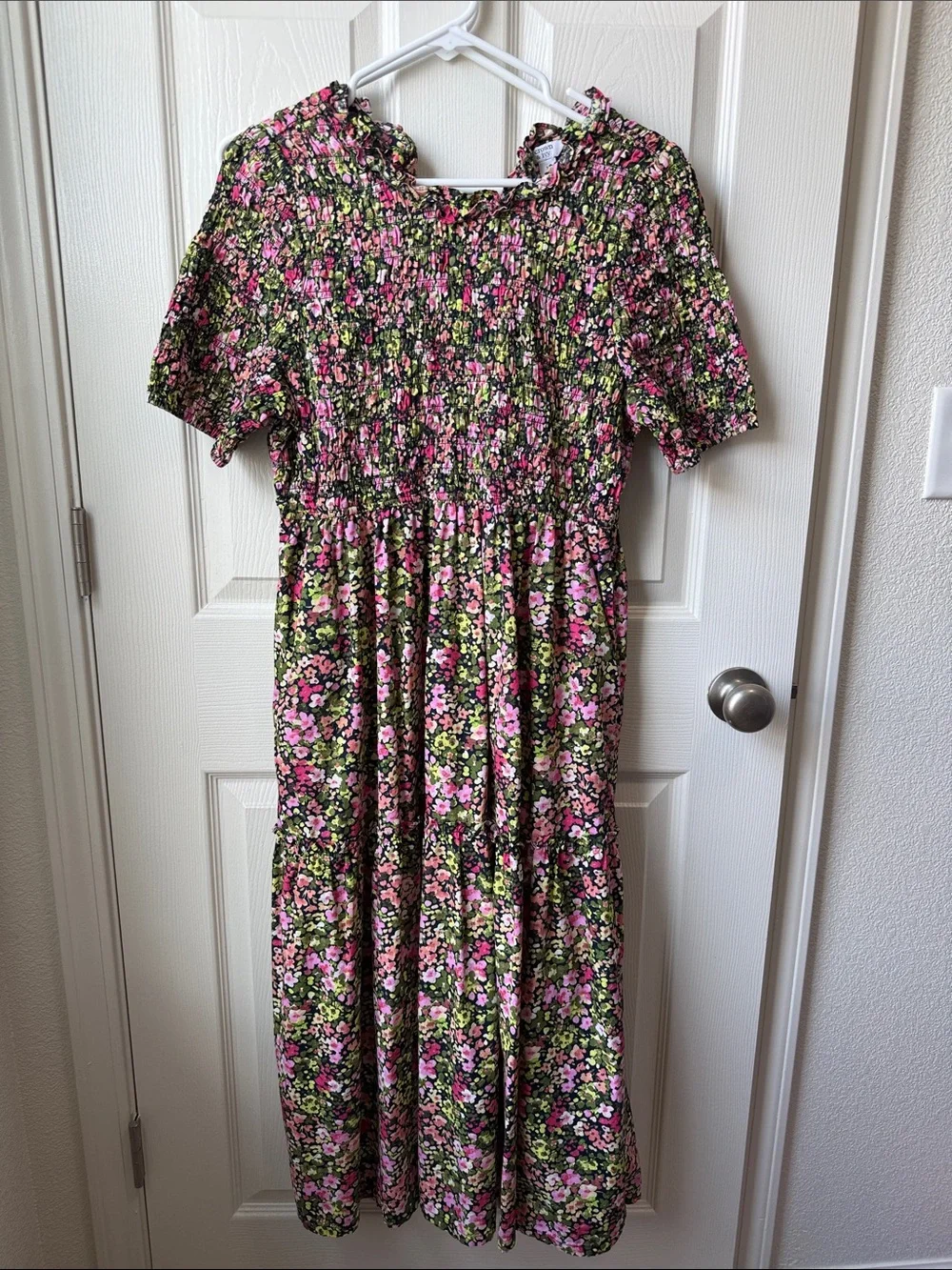 Smocked Floral Midi Dress in Pink & Green - Picture 1 of 3